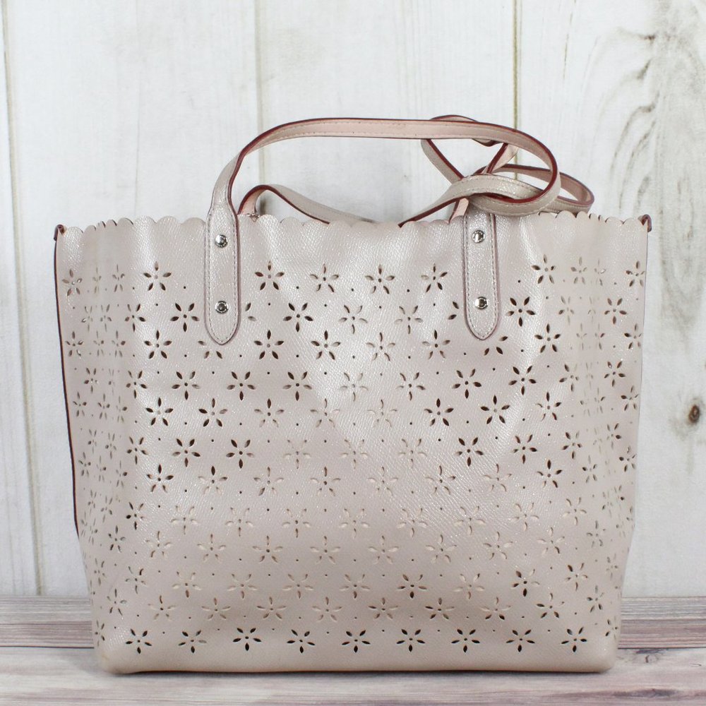COACH Purple Floral Cutout Leather Tote Handbag - Picture 2 of 11